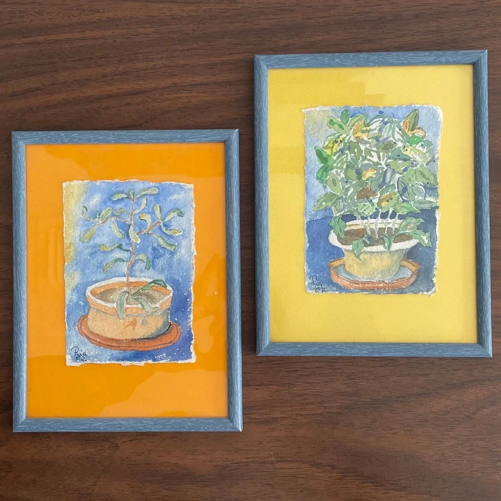 Original Watercolor Art Plants Bright Colorful Signed Frames Set Small